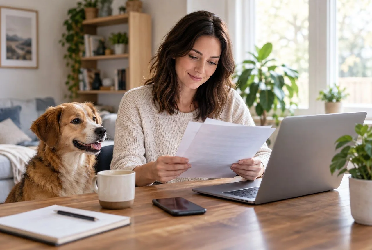 Owner reading a document at a laptop beside a dog