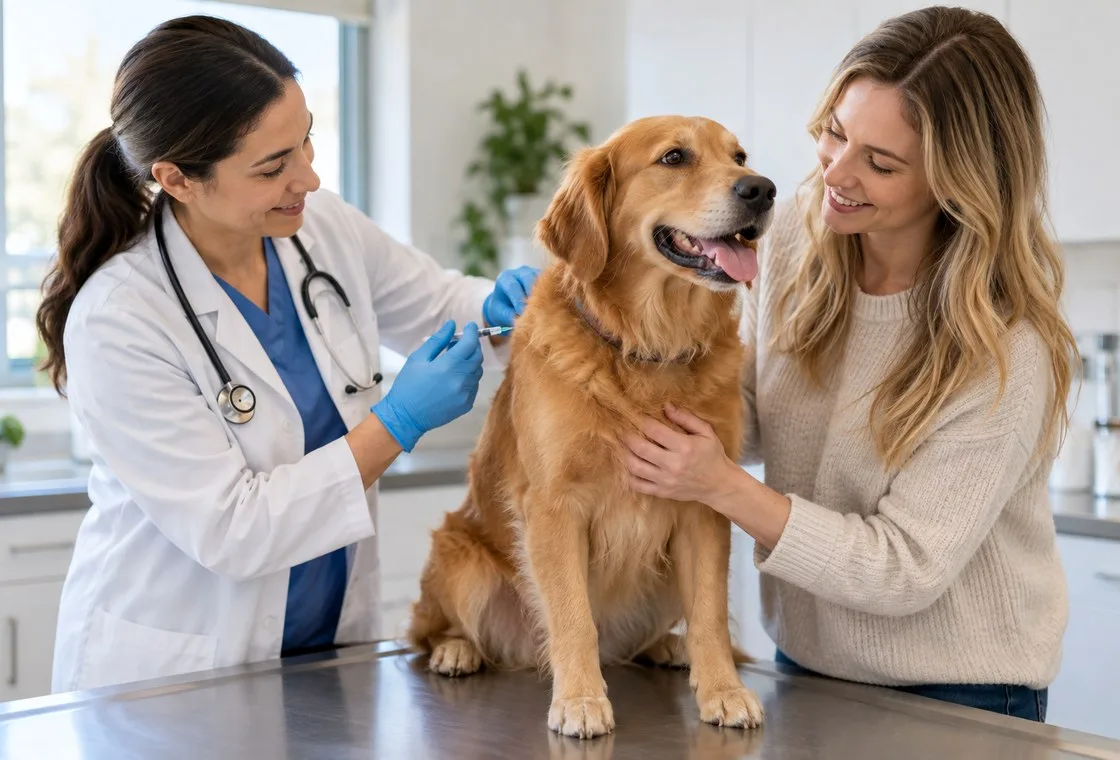 Veterinarian holding a syringe near a dog’s shoulder during preventive care